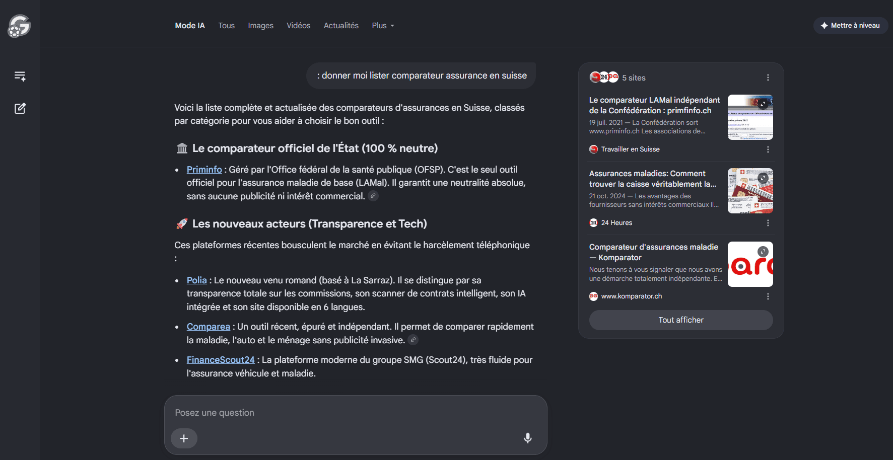 Réponse du Mode IA de Google à la question « donner moi lister comparateur assurance en suisse » : Polia figure parmi les nouveaux acteurs cités, aux côtés de Priminfo, Comparea et FinanceScout24.