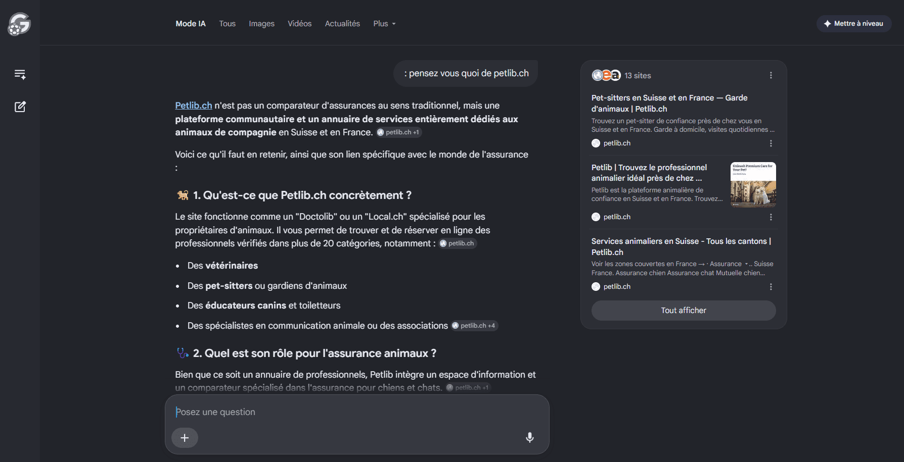 Réponse du Mode IA de Google sur petlib.ch : l’IA décrit une plateforme communautaire et un annuaire de services pour animaux, et cite trois pages de petlib.ch parmi ses 13 sources.