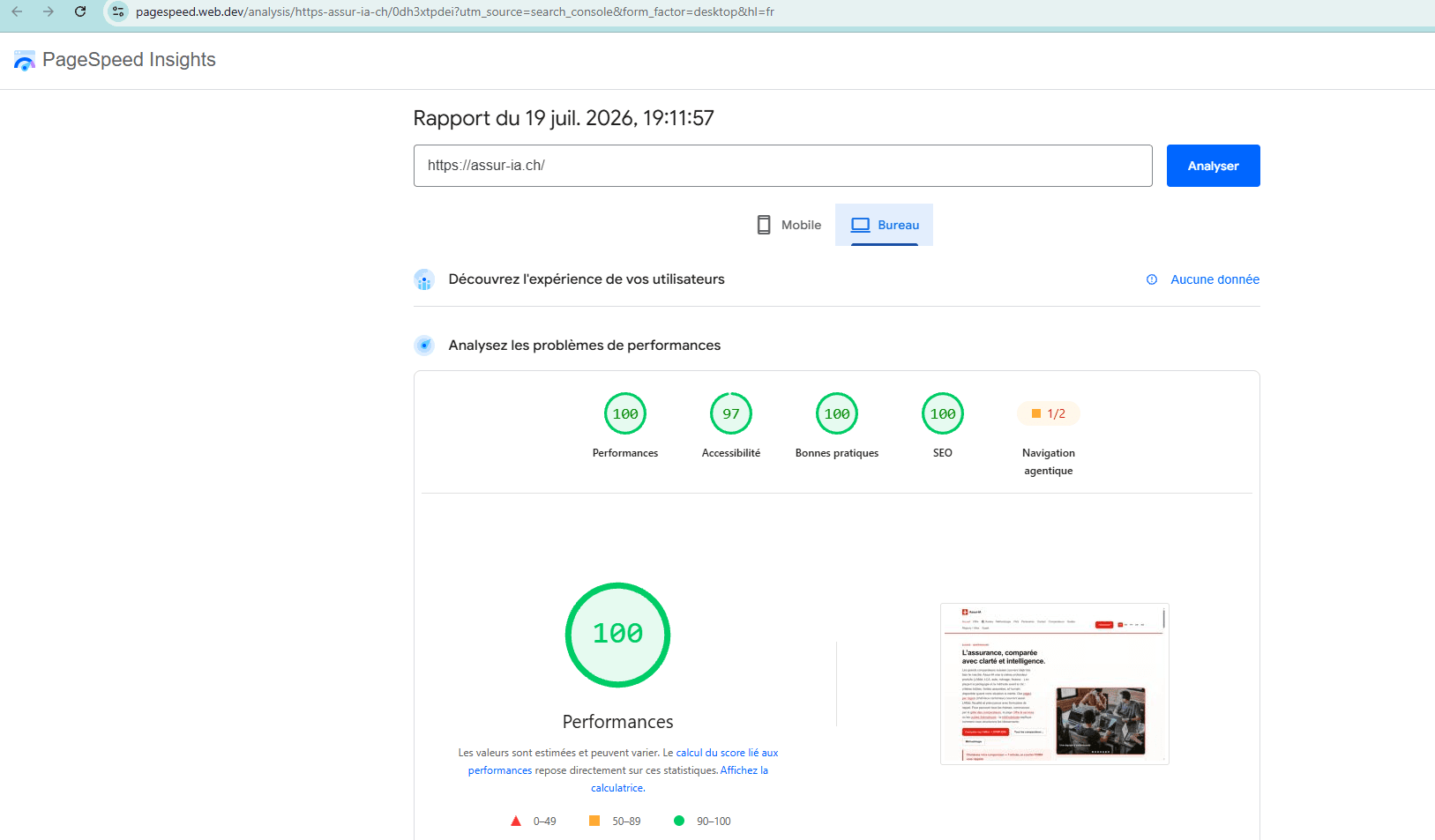 Rapport PageSpeed Insights de assur-ia.ch en version bureau : 100 en performances, 97 en accessibilite, 100 en bonnes pratiques, 100 en SEO, navigation agentique 1 sur 2.