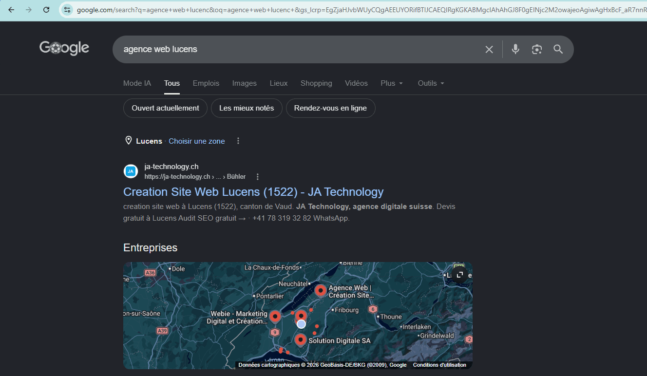 Resultat Google pour la recherche agence web lucens : ja-technology.ch est le premier resultat, avec la page Creation Site Web Lucens (1522).