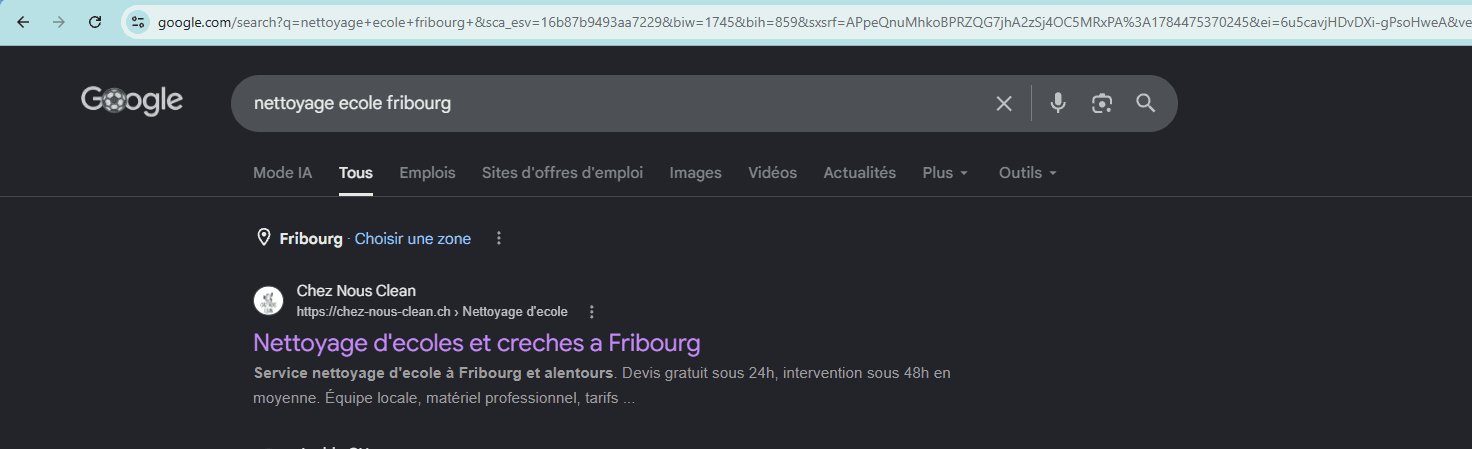 Resultat Google pour la recherche nettoyage ecole fribourg : chez-nous-clean.ch est le premier resultat.