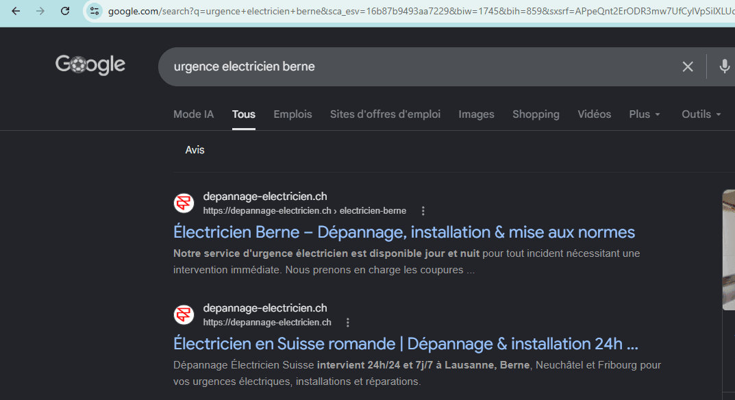 Resultat Google pour la recherche urgence electricien berne : depannage-electricien.ch occupe les deux premieres positions.